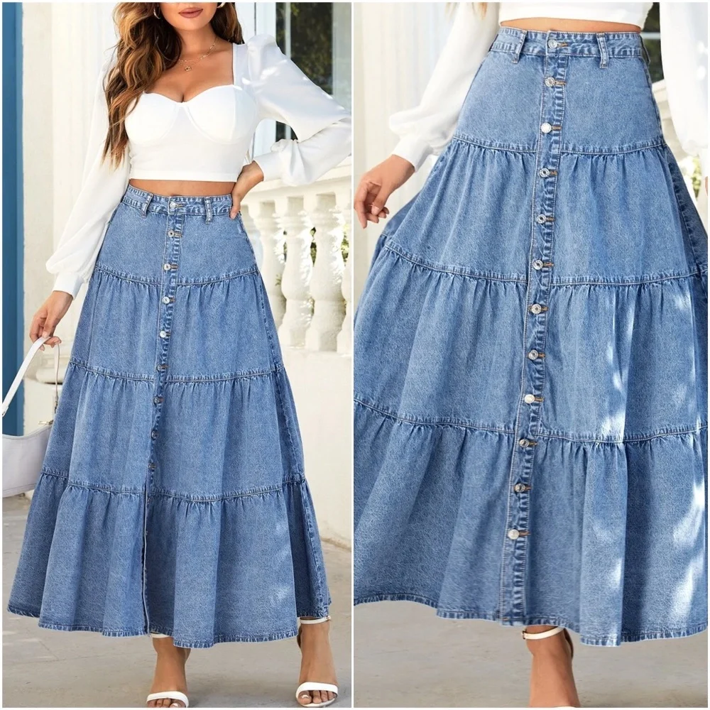 Luxe Medium Wash Button Ruffle Hem Denim Jean Maxi Skirt - Picture 1 of 5